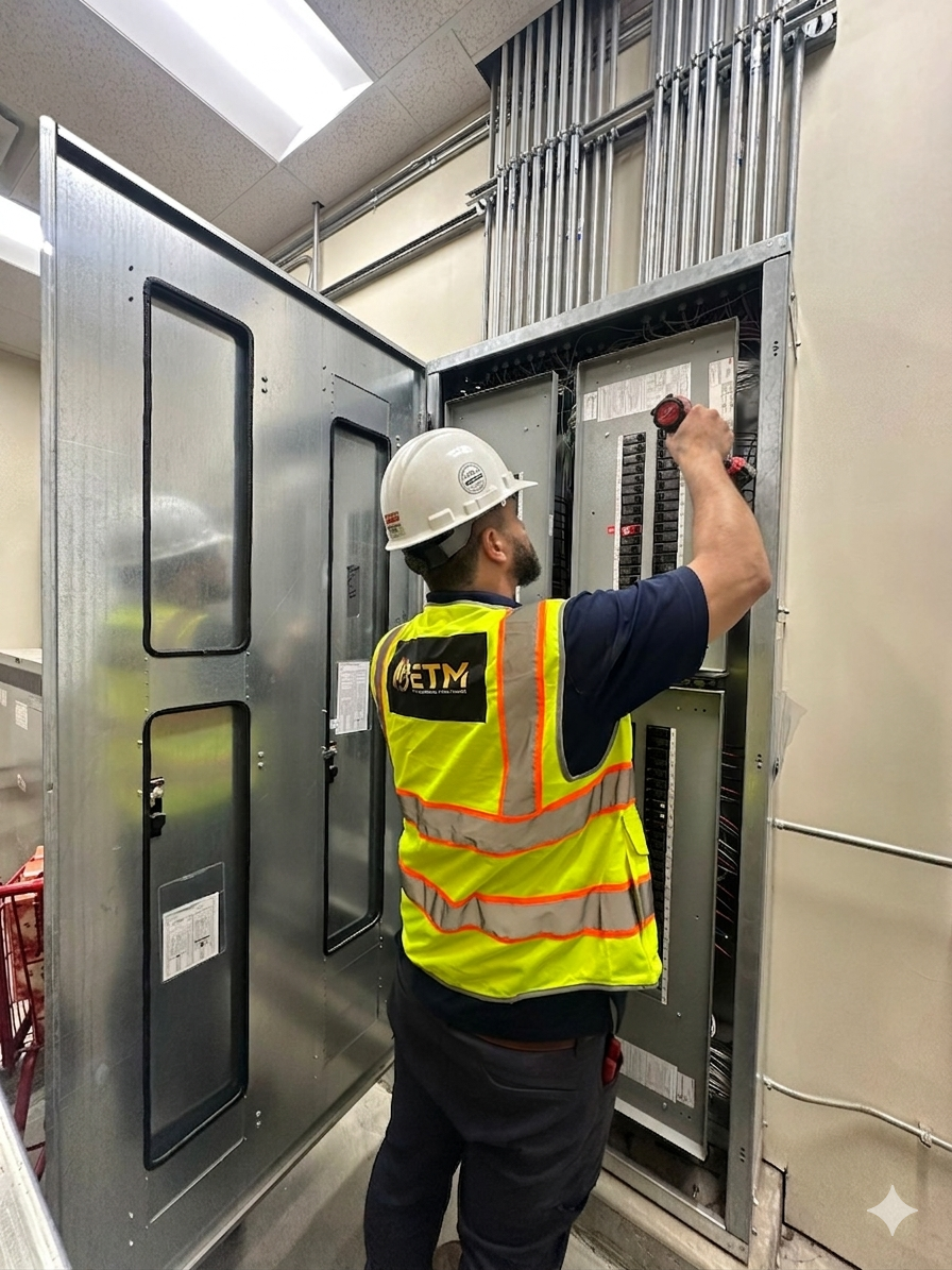 ETM electrician inspecting a commercial electrical panel